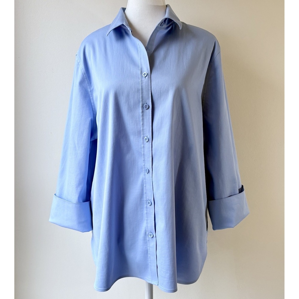Chicos Button Up Blouse Size 3 (16) Blue Career Office Rolled Cuff Classic